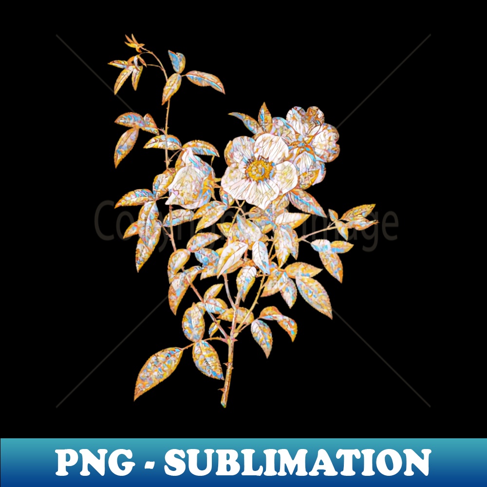 Gold Prism Mosaic White Rose of Snow Botanical Illustration - Elegant Sublimation PNG Download