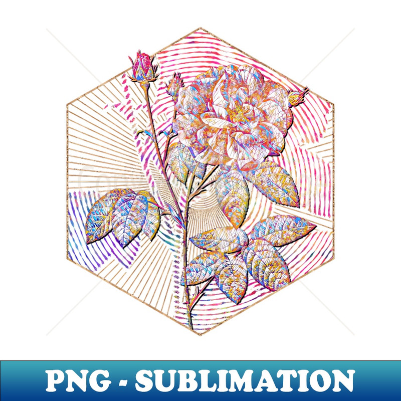 Blooming French Rose Floral Rainbow Mosaic - Retro PNG Sublimation Digital Download