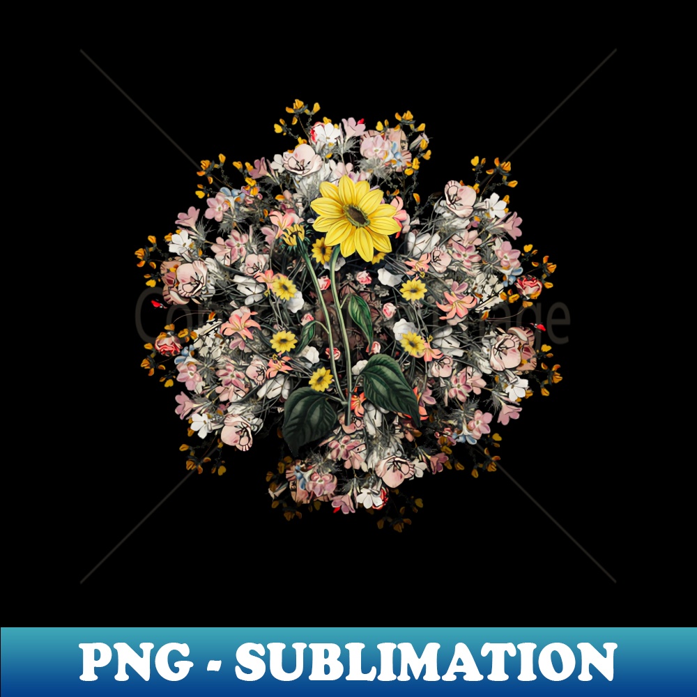 Vintage Trumpet Stalked Sunflower Floral Wreath - Trendy Sublimation Digital Download