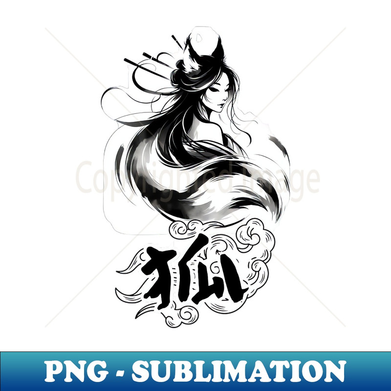 Mystical Kitsune Geisha Spirit Ink Art - PNG Transparent Sublimation Design
