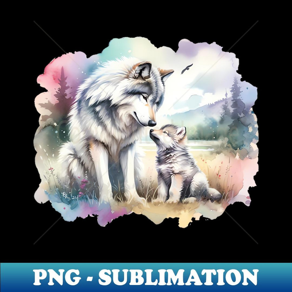 Mother Grey Wolf And Her Cub In Rocky Mountains Painting - Instant PNG Sublimation Download