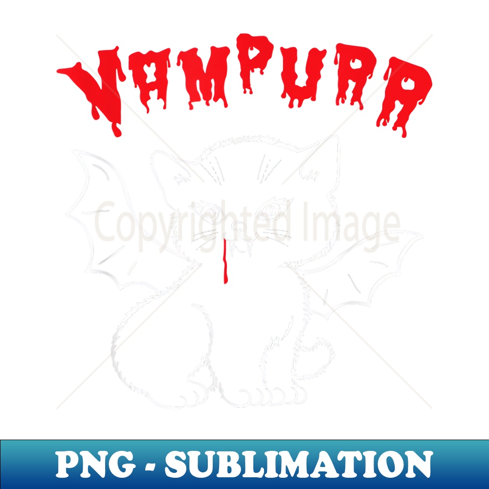 Vampire Kitten Vampurr with Bat Wings, Fangs and Blood Drip - PNG Transparent Sublimation Design