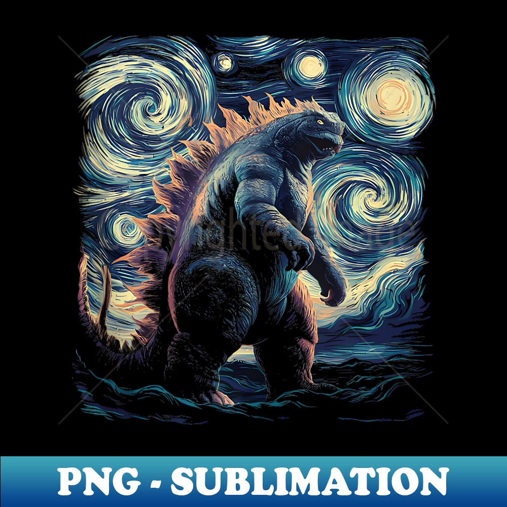 Vintage Japanese Monster Kaiju In Van Gogh Starry Night - Retro PNG Sublimation Digital Download
