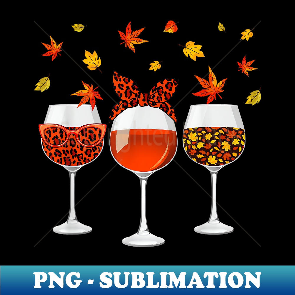 Pumpkin Wine Glass Leopard Autumn Leaves Happy Fall Feeling - Unique Sublimation PNG Download