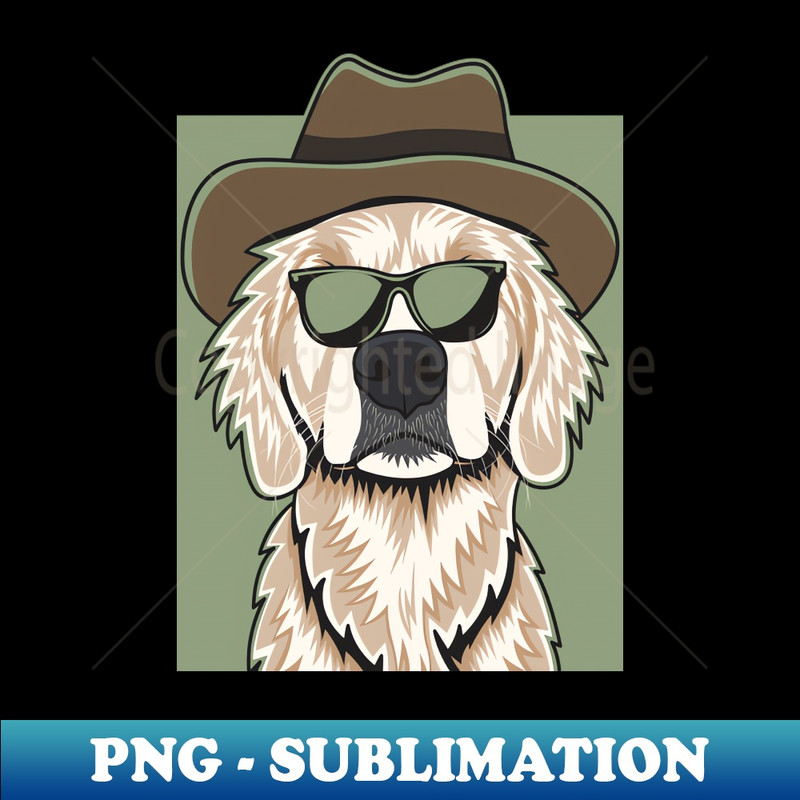 Cream Golden Retriever Wearing A Cowboy Hat And Glasses - Retro PNG Sublimation Digital Download