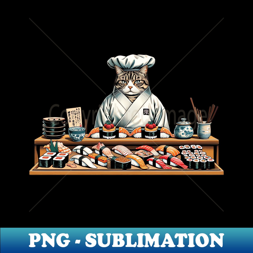 Vintage Japanese Art Sushi Lover Foodie Chef Cat - PNG Transparent Sublimation Design