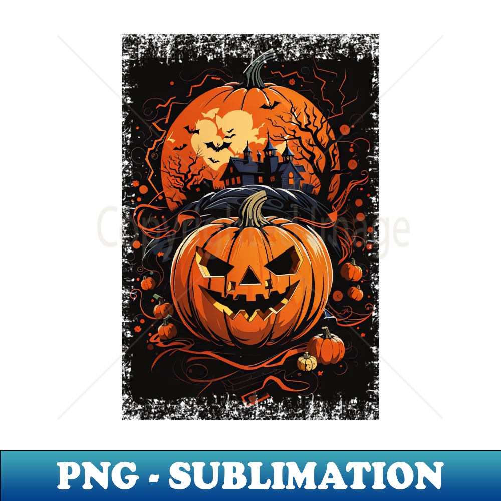 Spooky Halloween Design - Haunted House and Pumpkin at Sunset - Professional Sublimation Digital Download