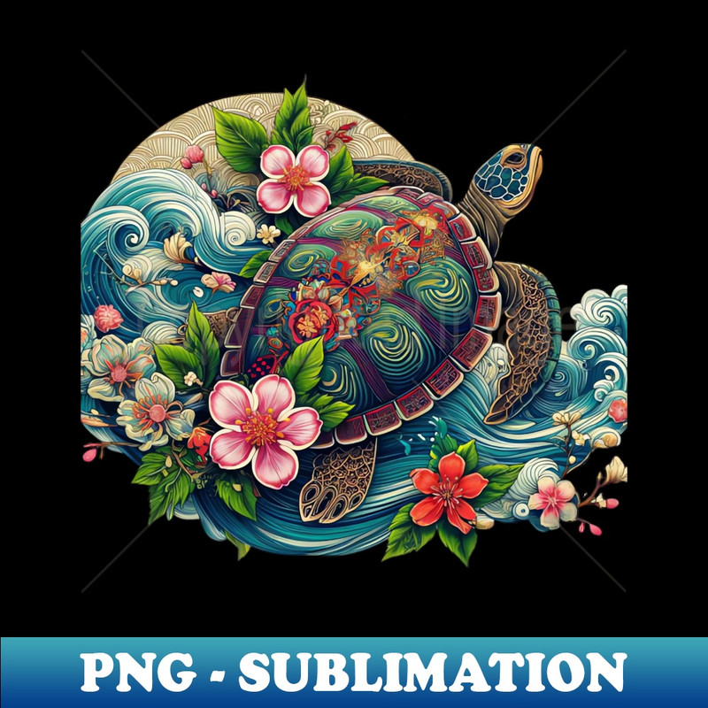 Flower Waves Floral Art Traditional Japanese Turtle - Exclusive Sublimation Digital File