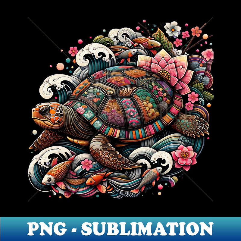 Flower Waves Floral Art Traditional Japanese Turtle - Trendy Sublimation Digital Download