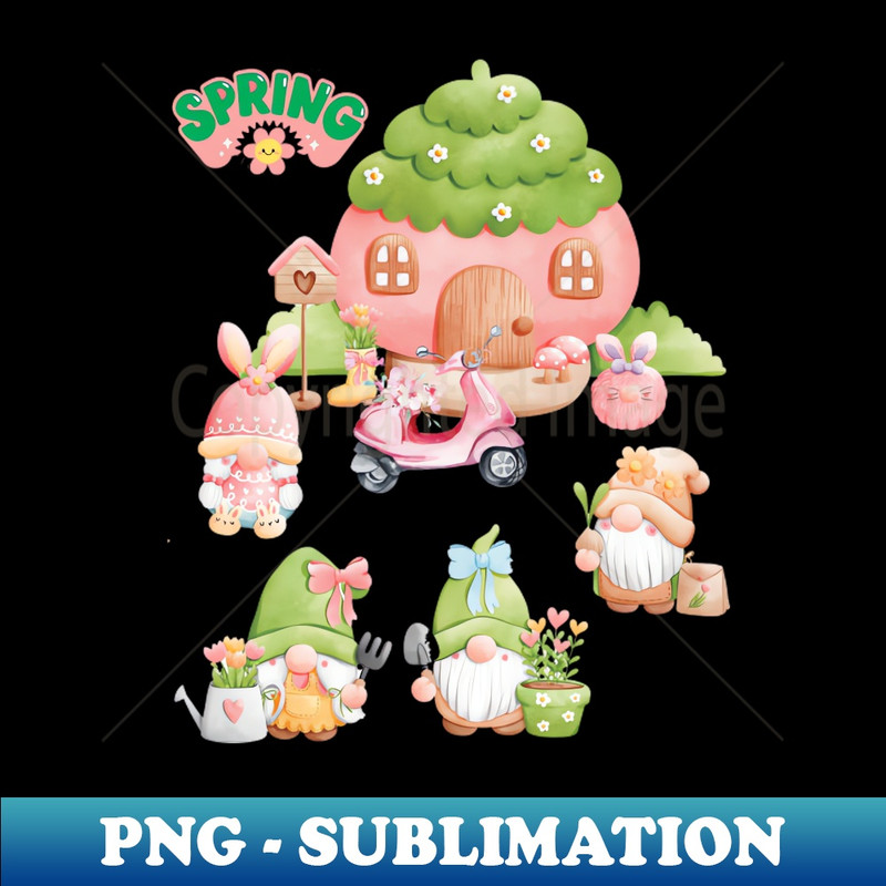 Gnomes in the Garden in Spring - Retro PNG Sublimation Digital Download