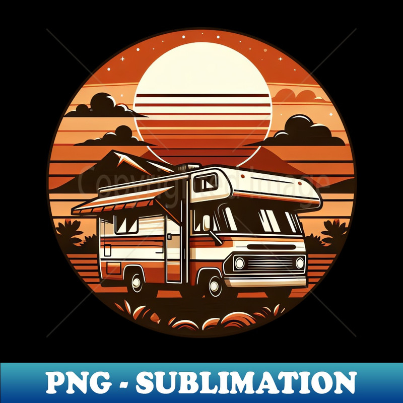 Camper RV Camping Vacation Vintage Round Sunset - Exclusive PNG Sublimation Download