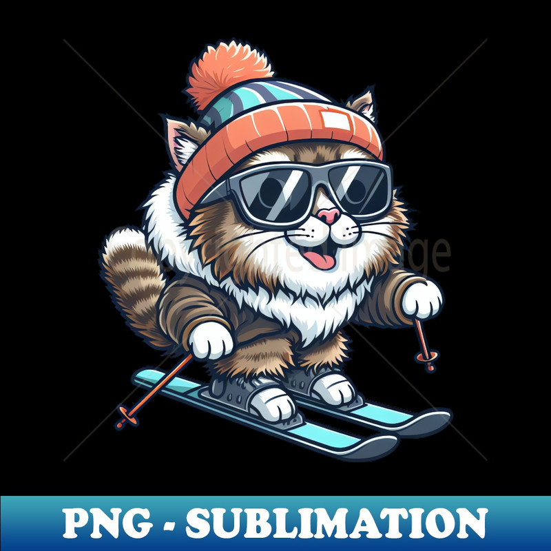 Maine Coon Cat Skiing - Winter Wonderland - PNG Transparent Digital Download File for Sublimation