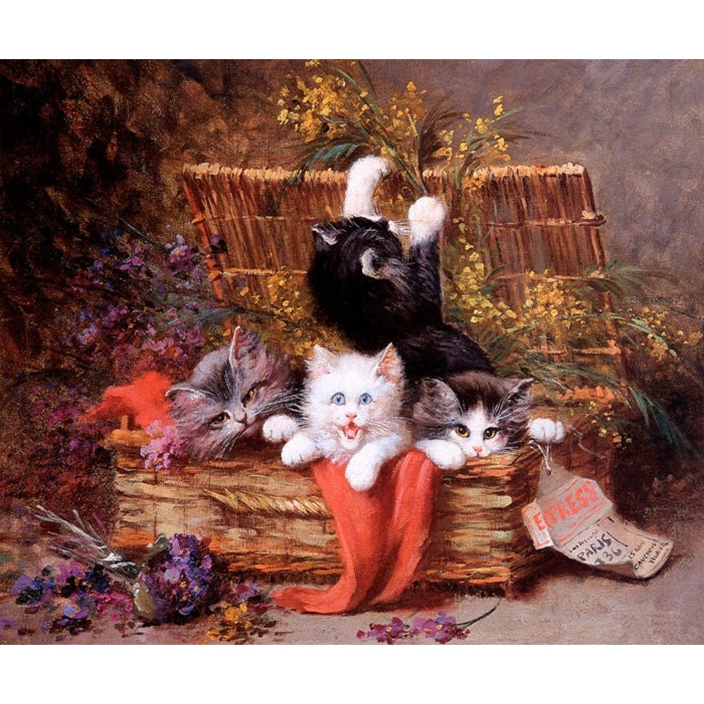 Cat Kittens At Play In Flower Basket Painting Art By Leo Huber Repro.jpg