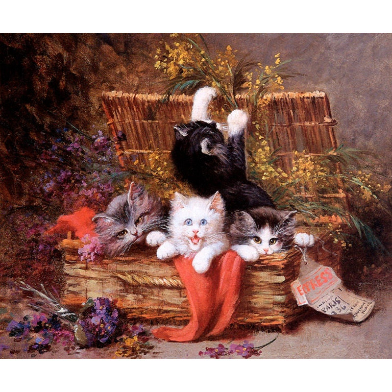 Cat Kittens At Play In Flower Basket Painting Art By Leo Huber Repro.jpg