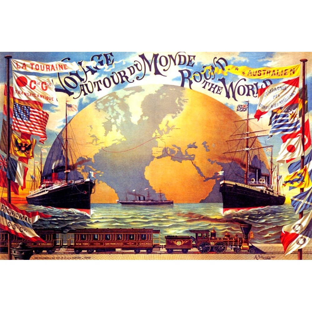 Travel Around The World Voyage Transatlantic Ship Train Vintage Poster Repro.jpg