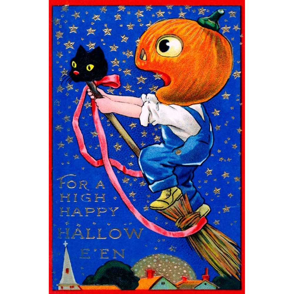 For A High Happy Halloween Boy Pumpkim Face Flying Broom Vintage Poster Repro.jpg