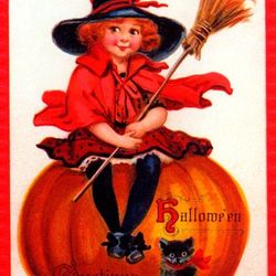 Beauty Girl Seated On A Pumpkin Black Cat Broom Halloween Vintage Poster Repro