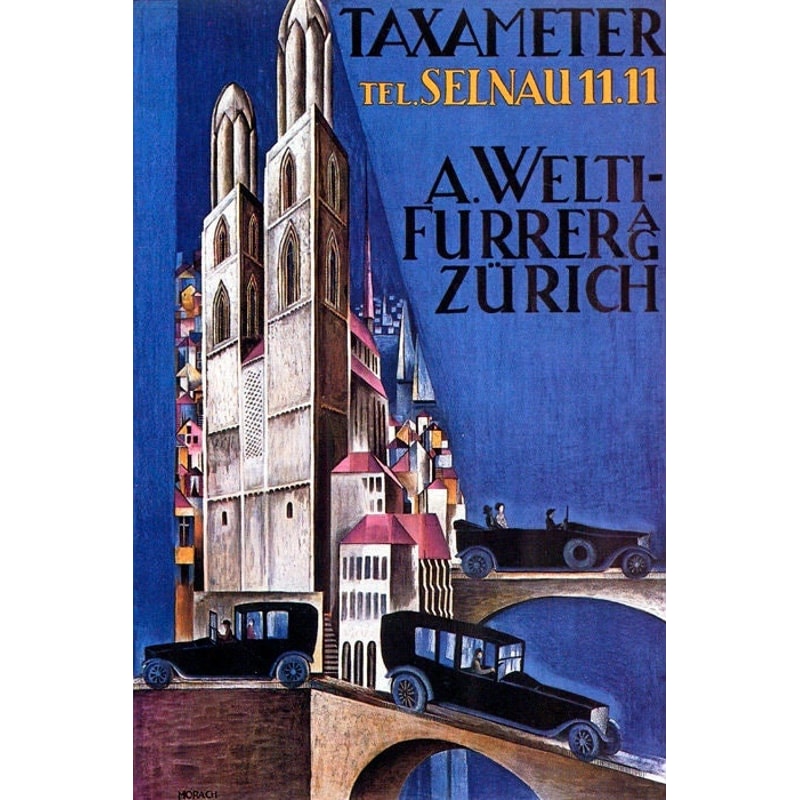 Car Zurich Switzerland Taxameter Taxi City Transportation Vintage Poster Repro.jpg