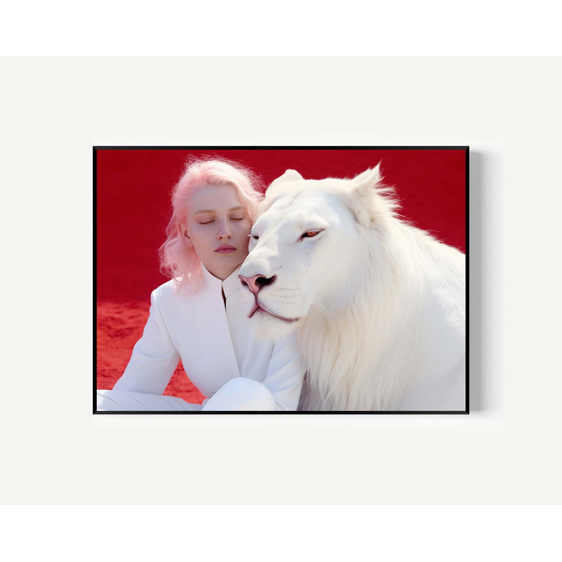 Lion with Women Lion Print, Lion Wall Art, Safari African Animal, Black And White Animal Print, Modern Wall Art Fine Art Painting.jpg