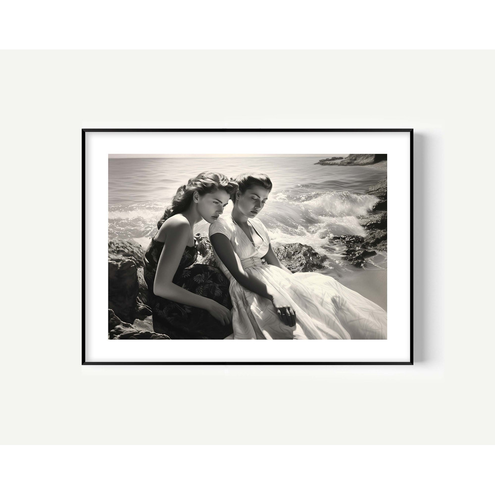 Vintage Woman Print, Vintage beach Fun print, Black and White Wall Art, Museum Quality Photo Print, woman with landscape nature print.jpg