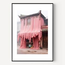 Surrealism Wall Art Christo and Jeanne-Claude Wrapping a retro vintage House Landscape Artful Wall Art, Maximalist Decor
