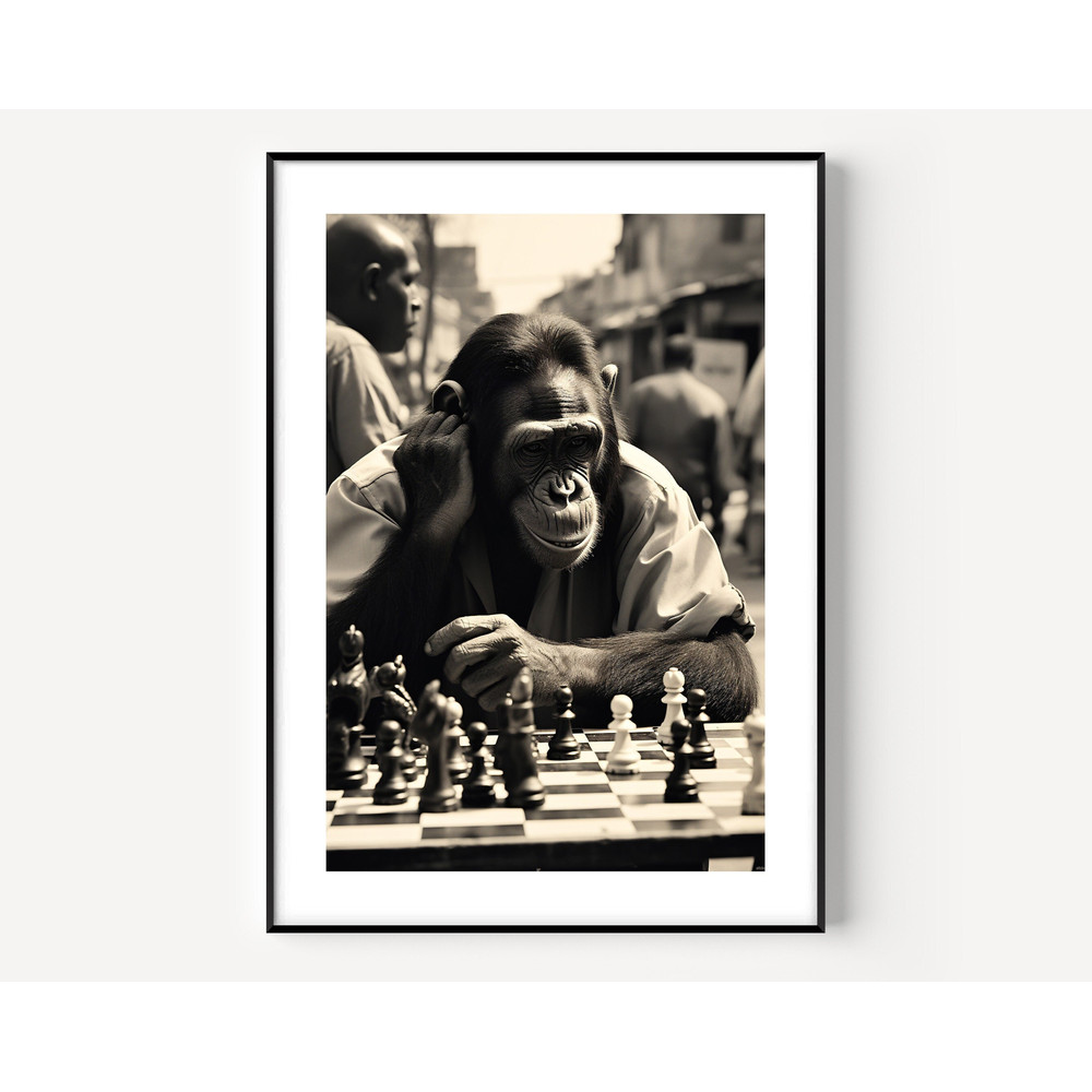 Checkmate Print, Monkey Playing Chess, Black and White Wall Art, Vintage Print, Photography Prints, Museum Quality Photo Art Print, Creative.jpg