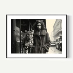 leopard with woman print, cheetah print, leopard print, vintage animal photo, vintage style, black and white photo, muse