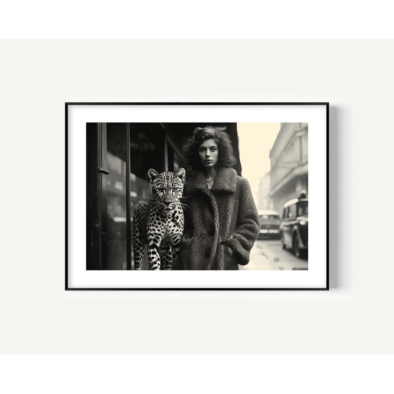 Leopard with woman Print, Cheetah Print, Leopard Print, Vintage Animal Photo, Vintage Style, Black and White Photo, Museum Quality Art Print.jpg