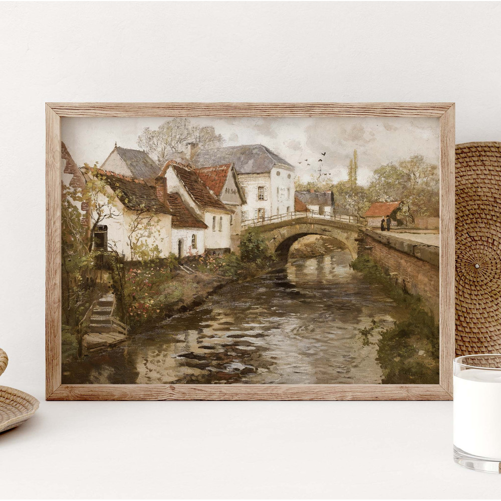 Vintage Country Poster, Rustic European Village Painting Print, Water canal Painting, Rustic, Brown, Dark Green Tones Poster PS0320.jpg