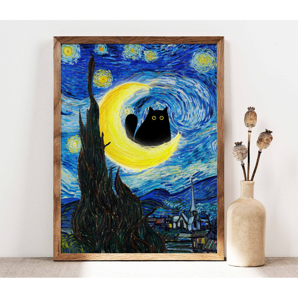 Vincent Van Gogh's The Starry Night Cat Print, Van Gogh Cat Poster, Black Cat Art, Funny Cat print, Funny gift, Home decor Poster PS0183.jpg