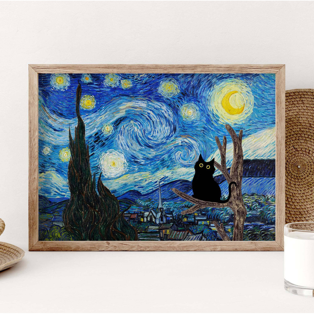 Vincent Van Gogh's The Starry Night Cat Print, Van Gogh Cat Poster, Black Cat Art, Funny Cat print, Funny gift, Home decor Poster PS0287.jpg