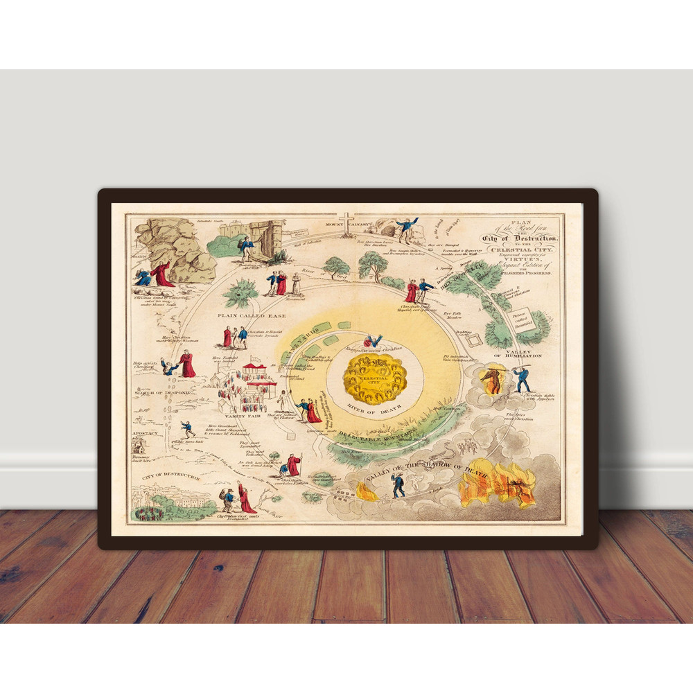 The Pilgrim's Progress Map 1850 Print, The Road From the City of Destruction to the Celestial City Illustration, Vintage Home Decor.jpg