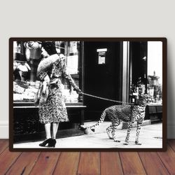 Woman With Leopard On a Leash Print, Cheetah Print, Vintage Animal Photo, Black and White, Fashion Photo Art Print, Chee