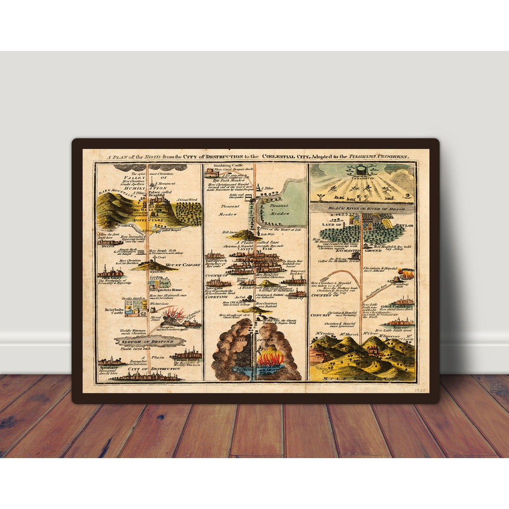 The Pilgrim's Progress Map 1821 Print, A Plan Of The Road From the City of Destruction to the Celestial City Illustration, Home Décor.jpg
