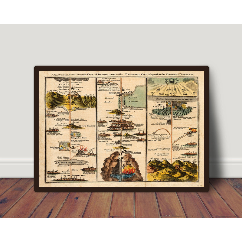 The Pilgrim's Progress Map 1821 Print, A Plan Of The Road From the City of Destruction to the Celestial City Illustration, Home Décor.jpg