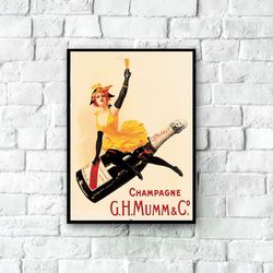 vintage champagne poster, retro food & drink poster, gh mumm and co, bar poster, alcohol poster, vintage kitchen art, re