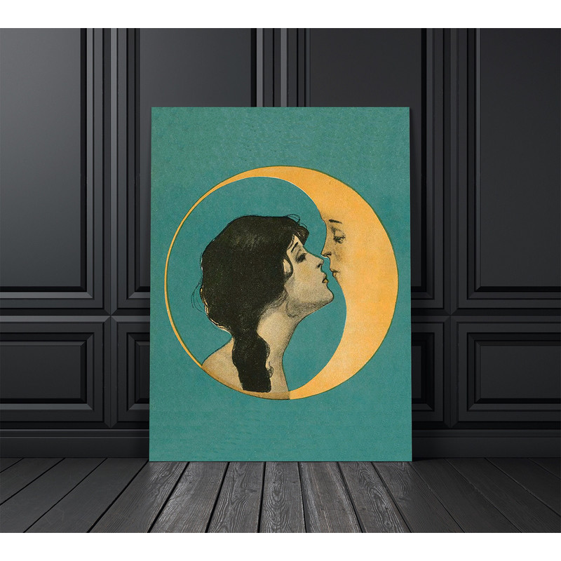 Vintage Moon Wall Art, Vintage Woman Kissing Moon Print, Crescent Moon, Man In The Moon, Art Nouveau Print, Antique Moon Face, Moon Art.jpg