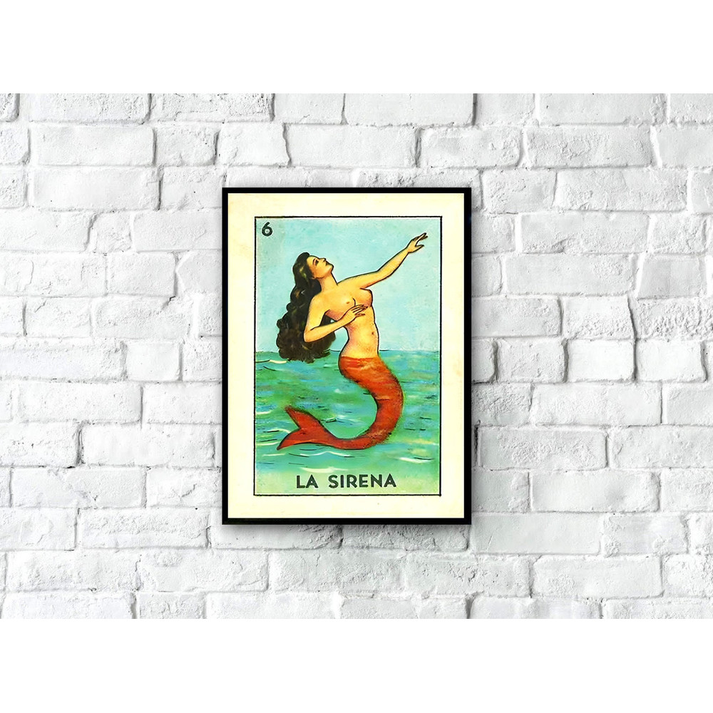 Vintage Mexican Loteria Card, La Sirena, Retro Mermaid Art Print, Mexican Folk Art, Mermaid Wall Art, Antique Mermaid Painting, Art Deco.jpg