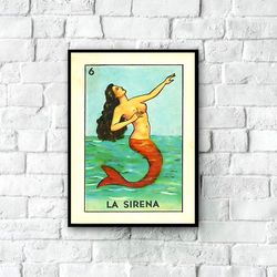 vintage mexican loteria card, la sirena, retro mermaid art print, mexican folk art, mermaid wall art, antique mermaid pa