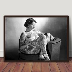 vintage tattooed lady photo, antique tattoo art, unique tattoo art print, woman with tattoos photo, tattoo shop decor, t