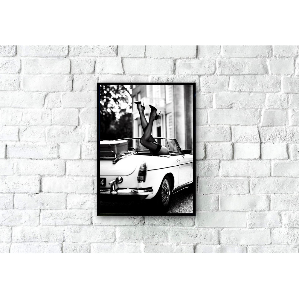 High Heels in Classic Car Poster, Black and White Photography, Fashion Poster Print, High Heels Print, Fashion Art Print, Fashion Wall Art.jpg