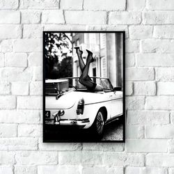 high heels in classic car poster, black and white photography, fashion poster print, high heels print, fashion art print