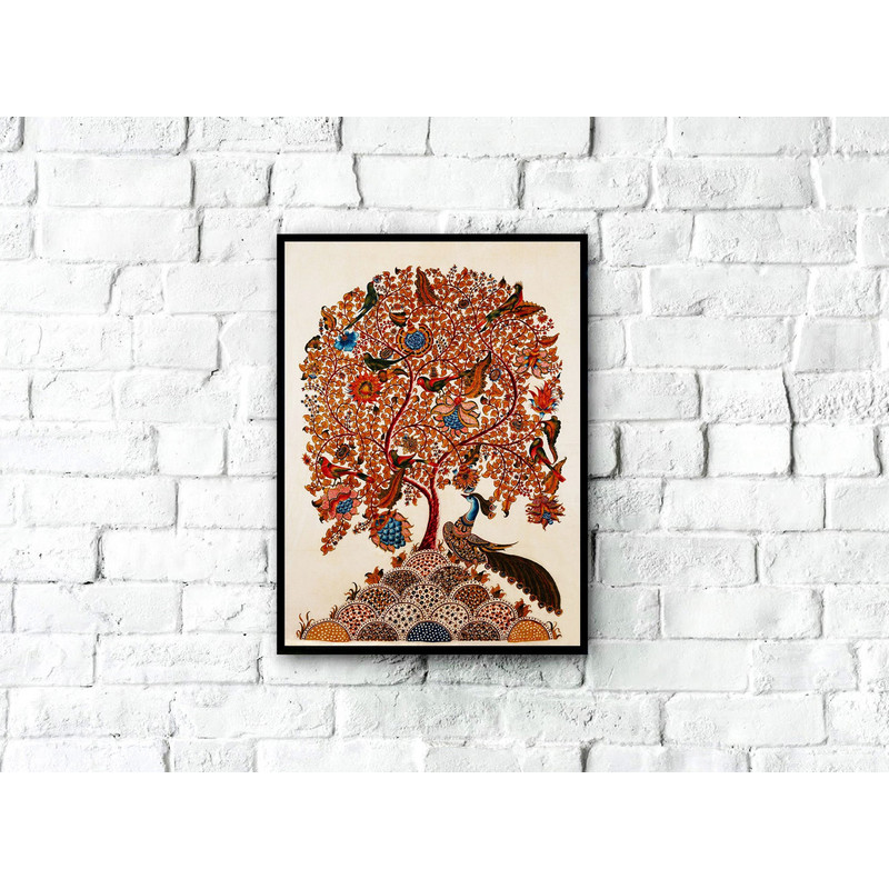 Vintage Kalamkari Tree of Life with Peacock, Traditional Indian Folk Art, Indian Painting, Indian Wall Decor, Indian Art Print, Indian Art.jpg