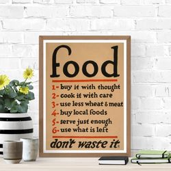 food don't waste it sign printable, vintage poster digital download, wwi poster, kitchen food wall art, vintage kitchen