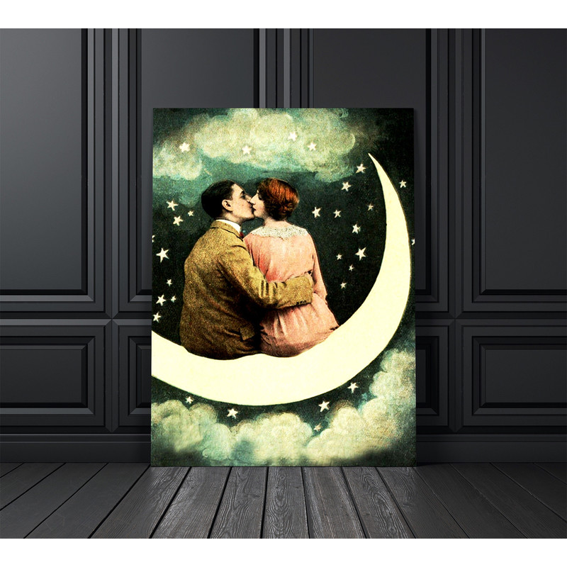 Vintage Crescent Moon With Couple Kissing Print, Antique Hand Colored Photograph, Love Art, Retro Paper Moon Photography, Celestial Wall Art.jpg