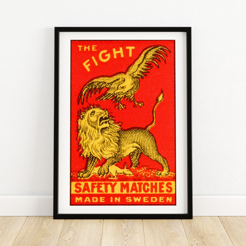 Eagle and Lion Fight - Matchbox Print A4 Size - India Wall Art - Vintage India Art - Matchbox Wall Poster - Vintage Poster Print.jpg