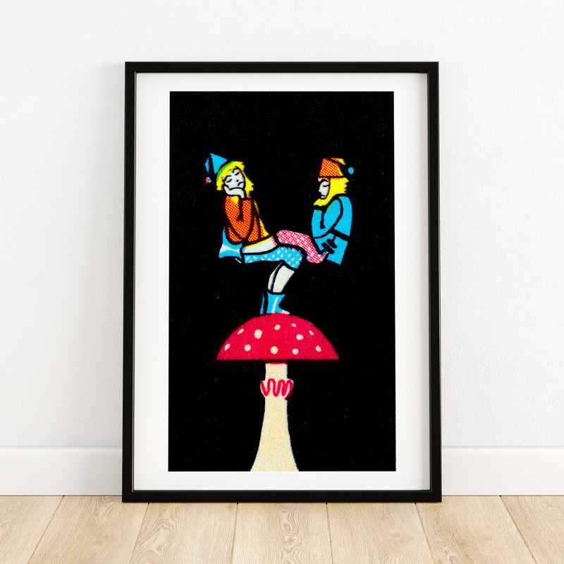 Balancing Gnomes on Mushroom - Matchbox Print - Aesthetic Wall Art - Vintage Eastern Europe Art - Matchbox Wall Poster - Vintage Poster.jpg