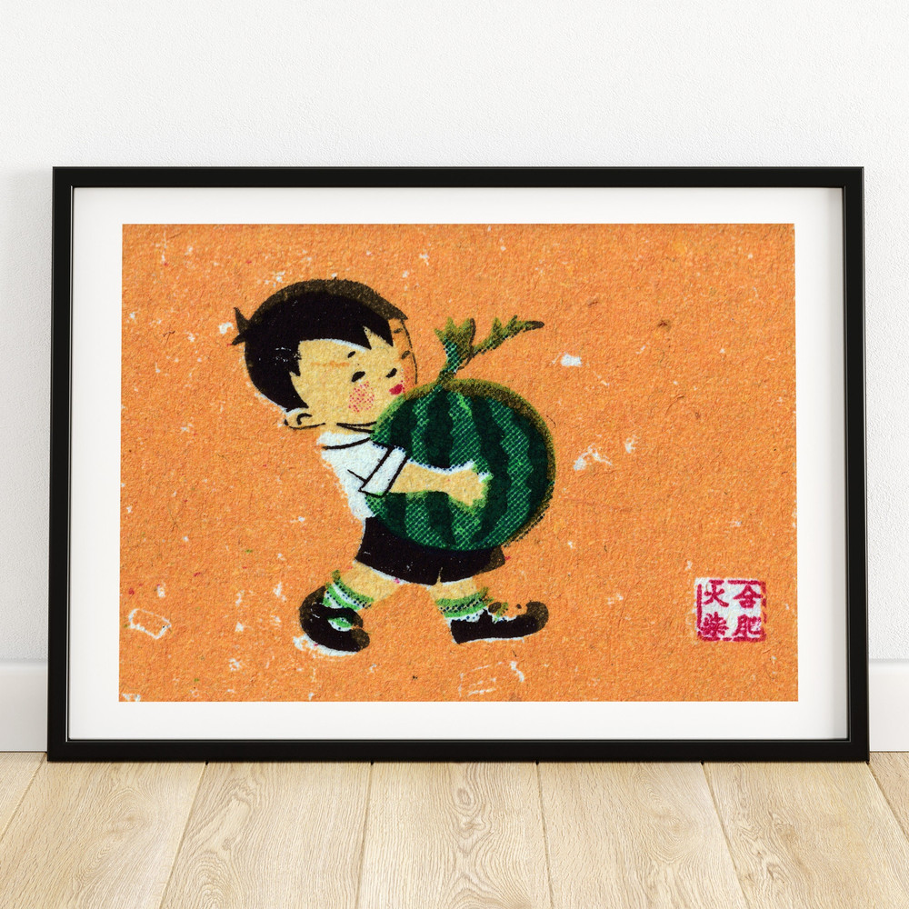 Boy Carrying Watermelon - Matchbox Print - Aesthetic Wall Art - Vintage Eastern Europe Art - Matchbox Wall Poster - Vintage Poster Print.jpg