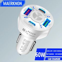PD Car Charger 60W Fast Charging 4 Ports USB C Car Phone Adapters For iPhone 15 14 Pro Max Samsung Xiaomi QC3.0
