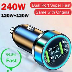 240W Car Charger Dual USB Ports 120W Super Fast Charging with Digital Quick Charging Adapter for IPhone Samsung Xiaomi